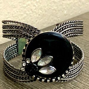 Vintage 90s Black & Rhinestoned Thick Cuff Bracelet size 7” inch wrist